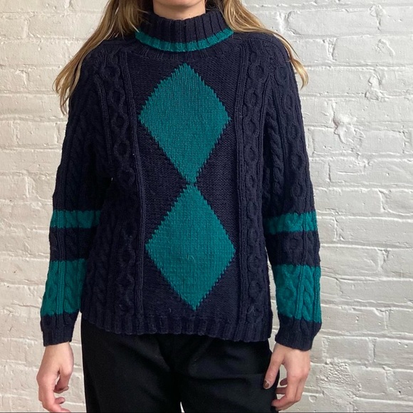 Vintage 90s Diamond Printed Chunky Knit Sweater - Picture 2 of 4